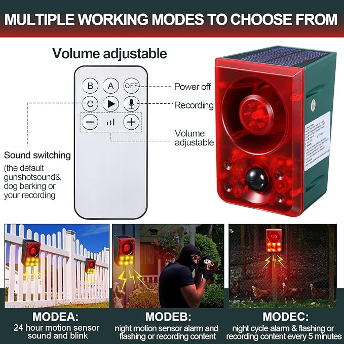 Qualirey 4 Pcs Solar Outdoor Motion Sensor Alarm Animal Deterrent Gunshot Sound Dog Barking 130db Loud Noise Maker 3 Modes with USB Remote Control, Support Recording and Volume Adjustment (Red)