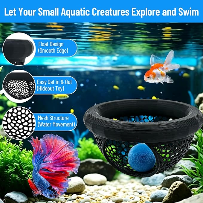 Floating Betta Hide Shrimp Cave, Multi Functional Betta Fish Hammock and Feeding Rings, Provide Safe Resting Places for Bettas, Shrimp and Small Fish, PLA Material (Black)