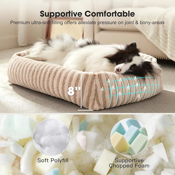 MIXJOY Dog Beds Large Sized Dogs, Washable Dog Bed with Removable Cover, Soft Rectangle Dogs Ded Fluffy Plush Faux Fur Pet Bed with Anti-Slip Bottom, 36"x27"x8", Beige