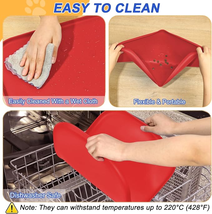SMILOOL Waterproof Silicone Pet Food Mat with Raised Edge for Dog & Cat | 19" x 12" Non-Slip Pet Feeding Mats with Lip for Food & Water Bowl, Food Grade, Easy Cleaning, Red