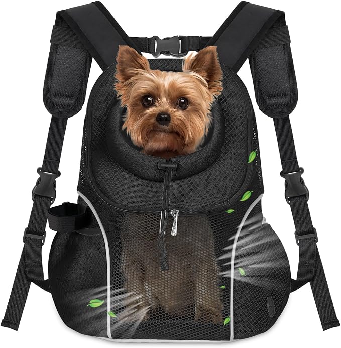 WOYYHO Pet Dog Carrier Backpack, Ventilated Mesh Small Dog Front Backpack | Breathable Puppy Back Pack, with Safety Belt, Storage Pockets, for Travel Hiking Cycling Outdoor Adventures, Black, L