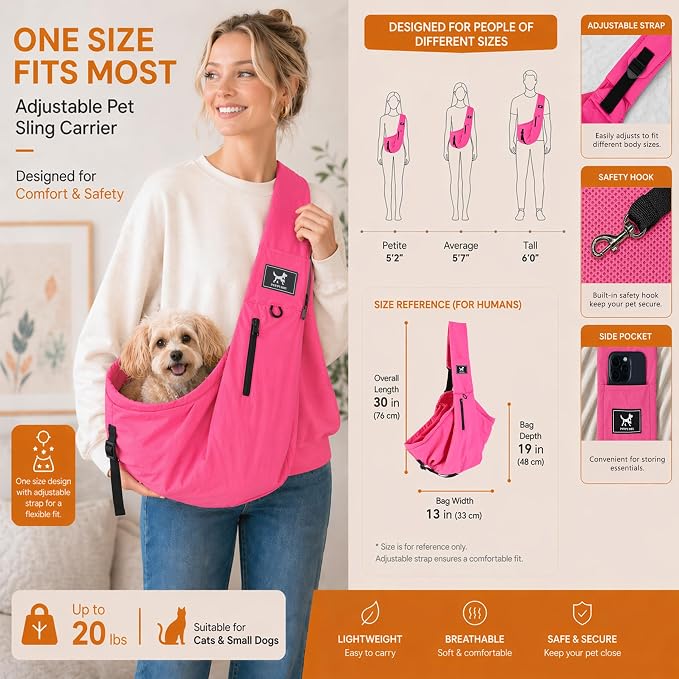 Dog Sling Carrier for Small Dogs & Cats 5-20 lbs, Adjustable Depth | Breathable Air Mesh Puppy Sling, Water-Resistant Travel Bag, Double Safety Leash, Machine Washable, Hands-Free Pouch, Fuchsia