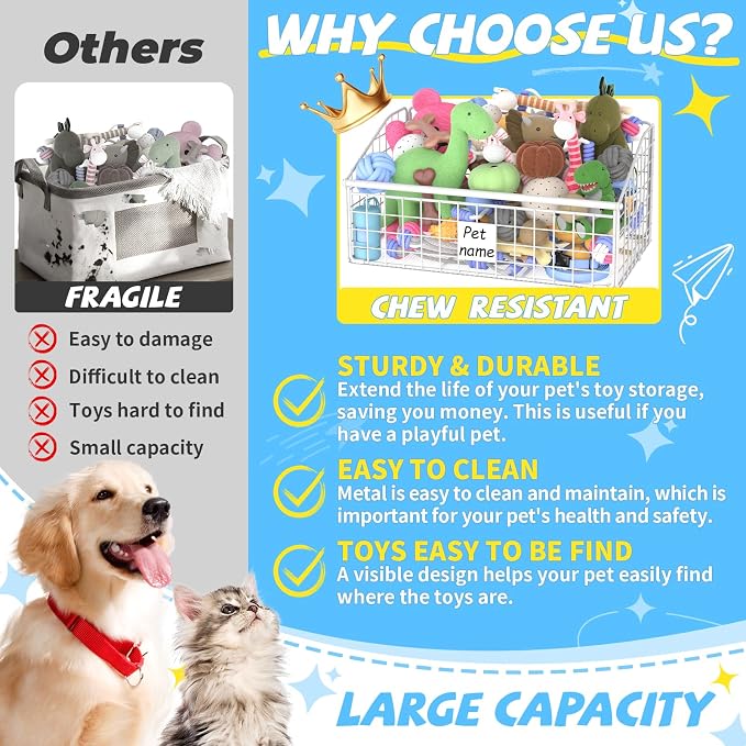 Kaiferty Indestructible Dog Toy basket, Medium Toy Box for Dogs,Pet Toy Bin Dog Metal Basket for Toys, Dog Toy Storage, Dog Storage Organizer,Dog Toy Box for Living Room Area (White)