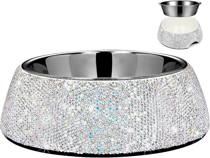 SlowVibes Bling Stainless Steel Dog Cat Bowl, Detachable, 18 oz | Rhinestone metal food or water bowl for medium large dogs and cats, rust-resistant non-slip puppy dish, sparkle pet essential