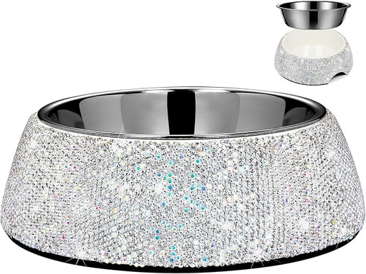 SlowVibes Bling Stainless Steel Dog Cat Bowl, Detachable, 18 oz | Rhinestone metal food or water bowl for medium large dogs and cats, rust-resistant non-slip puppy dish, sparkle pet essential