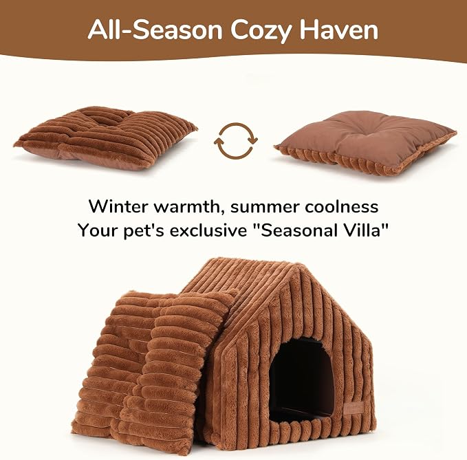 FUKUMARU Cat Bed Cave, Enclosed Washable Covered Dog Bed with Support Frame | Large Cat House for Indoor Cats, Cozy Cat Hideaway for Anxious Cats, Soft Plush Faux Fur Cat Tent Bed, Non-Slip Bottom, Brown