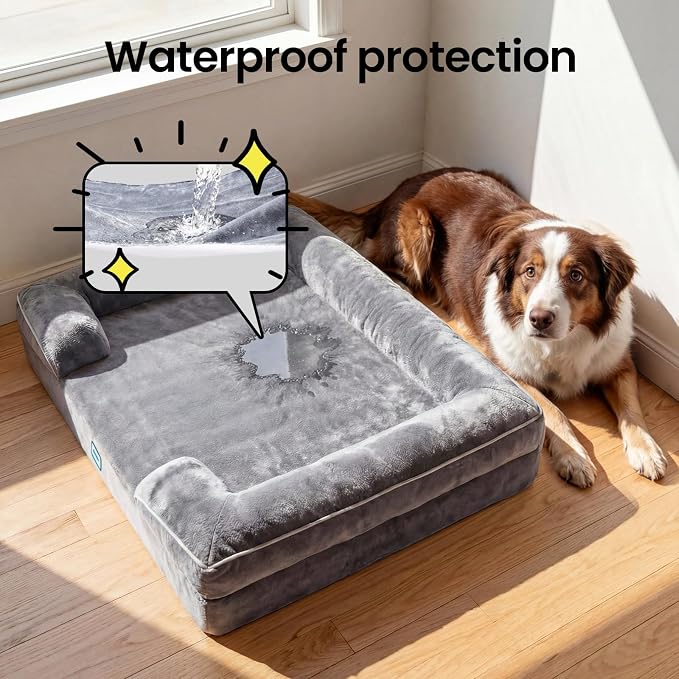 OhGeni Orthopedic Medium Large Dog Bed Sofa, Memory Foam, 35-inch (Gray) | Waterproof Pet Bed with Machine-Washable Removable Cover & Soft Comfortable Fabric