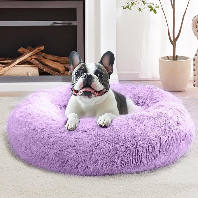 JOLLYVOGUE Calming Dog Bed Medium Size Dog, 31in Donut Washable Medium Pet Bed, Anti-Slip & Anti-Anxiety Fluffy Faux Fur Round Dogs Bed, Fits up to 45 lbs Pets (Purple)