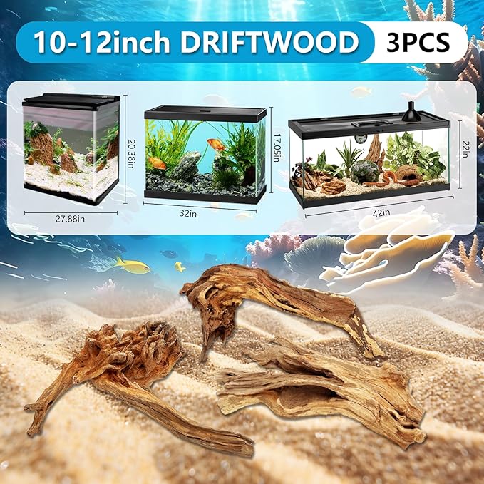 3 PCS Large Natural Aquarium Driftwood 10-12", Aquarium Drift Wood for Fish Tank Decoration, Assorted Size Mopani Wood Twisted Branches Trunk Decor for Freshwater, Reptile Terrarium