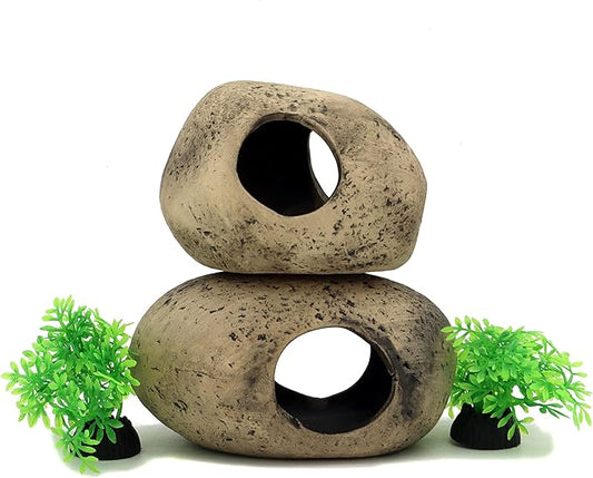 ALEGI Stackable Aquarium Ceramic Decorations Rock Caves,Betta Fish Tank Decor Accessories,Hideaway for Shrimp Cichlid Hiding Breeding Spawning (Set of 2)