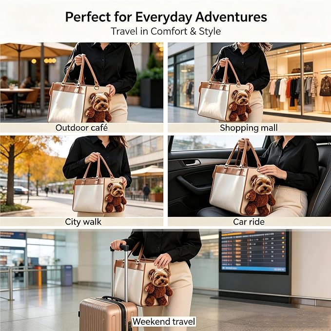 Teddy Bear Dog Carrier Bag, Teddy Carrier Bag for Dogs and Cats, Portable PU Leather Shoulder Tote with Plush Ears, Portable Convenient，White Brown Color Scheme L