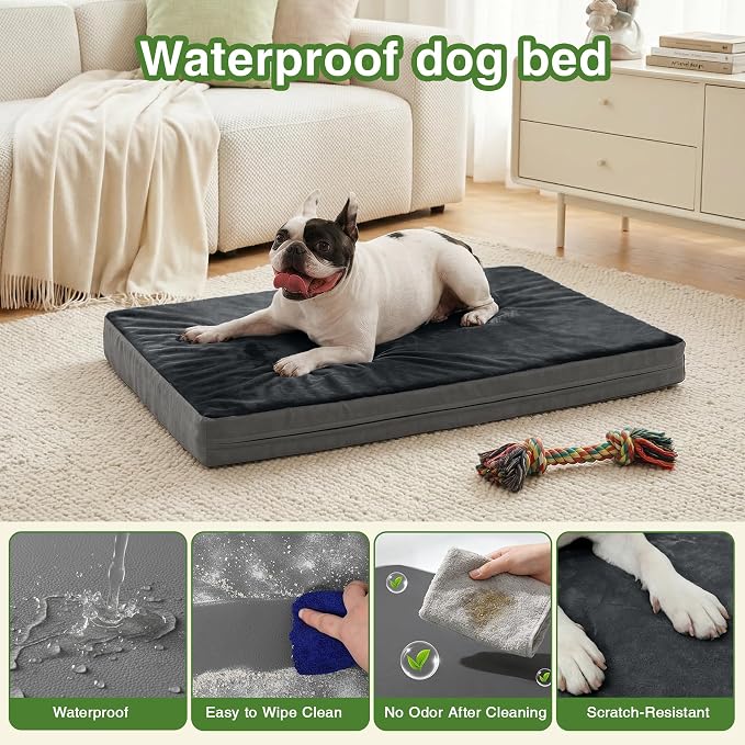 Waterproof Dog Bed Medium Size Dog, Washable Orthopedic Foam Crate Pad 30" | Outdoor Pet Bed, Reversible Faux Leather & Flannel, Durable Removable Cover, Anti-Slip Kennel Pad 29"x18" Dark Gray