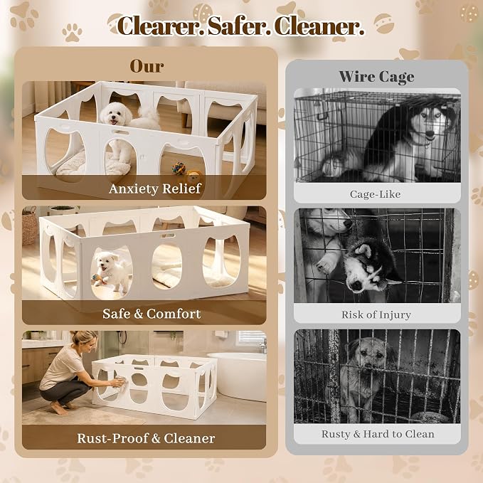 Clear Acrylic Dog Playpen Indoor with Toy & Door (24" H, 10 Panels, White) | Transparent Puppy Playpen for Dogs, Cats, Rabbits or Small Pets, Indoor Modern Dog Play Pen for Home, Easy Clean & Assemble