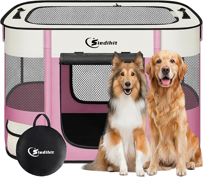 Siedihit Dog Playpen, Cat Pet Puppy Crate, Portable Playpens Indoor Outdoor (Pink, Large)