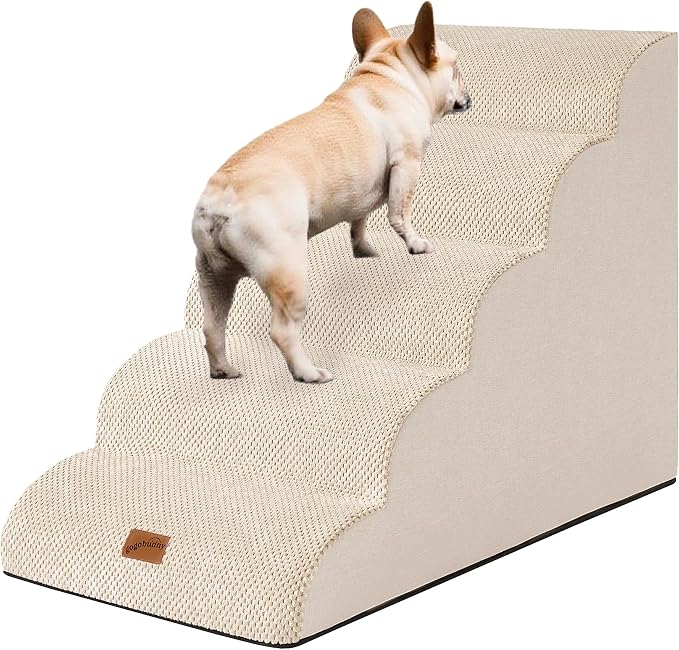GoGoBunny Ramp Dog Stairs for High Beds 24.4" H, 5-Step Extra Wide Dog Slope Stairs with Durable Waterproof Fabric Cover, Pet Steps for Old Large Dogs Climbing, Non-Slip Sturdy Indoor Step, Beige