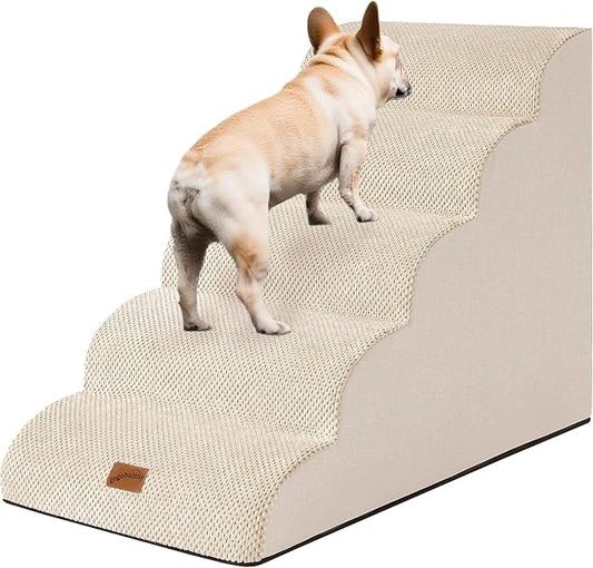 GoGoBunny Ramp Dog Stairs for High Beds 24.4" H, 5-Step Extra Wide Dog Slope Stairs with Durable Waterproof Fabric Cover, Pet Steps for Old Large Dogs Climbing, Non-Slip Sturdy Indoor Step, Beige
