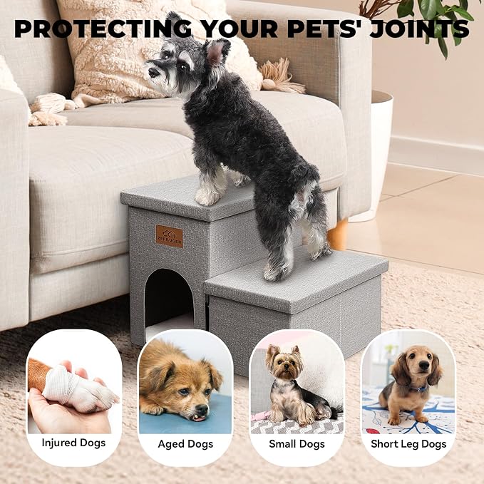 Zerbuger Dog Stairs with Storage, Grey 2 Steps Dog Ramp with Condo for Bed | 15" H Wider Dog Steps for Beds Couch, Folding Storage Pet Stairs Gift for Climbing Small/Medium/Large Old Dogs Cats