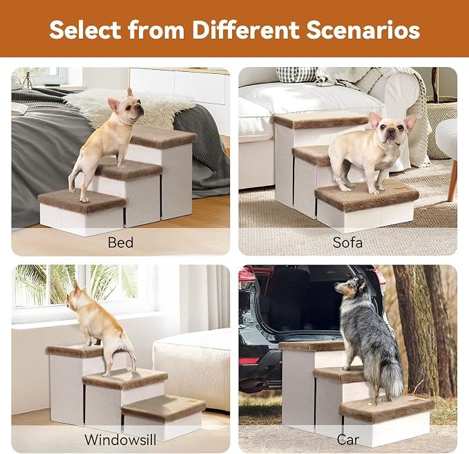 Zerbuger Dog Stairs with Storage Khaki Furry Lids 3 Steps Dog Ramp no Condo | 18" H Wider Dog Steps for High Beds Couch, Folding Storage Pet Stairs Gift for Climbing Small/Medium/Large Old Dogs Cats