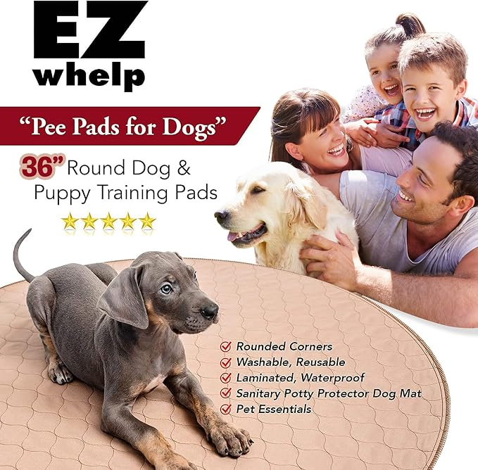 Reusable Dog Pee Pad, Washable Waterproof Round 36 in Mat, 1 Pack | 36-inch round washable waterproof pee pad, reusable slip-resistant mat for dog potty training and whelping with quick-dry