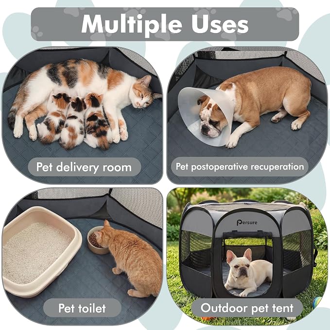 Persure Dog Cat Pet Playpen Puppy Crate Cage for Indoor Outdoor Travel | Nursing Rest Zone Recovering Pet Quarantine Room Portable Pop Up Easy to Set up lightweight (Dark Grey with Pad, Medium)