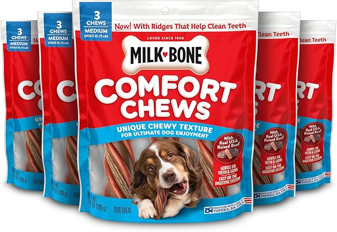 Milk-Bone Comfort Chews, Dog Treats with Unique Chewy Texture and Real Beef, 3 Chews (Pack of 5)