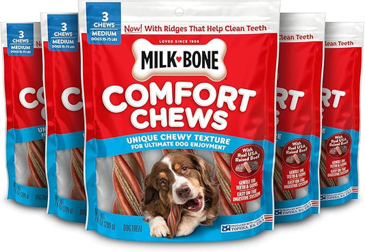 Milk-Bone Comfort Chews, Dog Treats with Unique Chewy Texture and Real Beef, 3 Chews (Pack of 5)