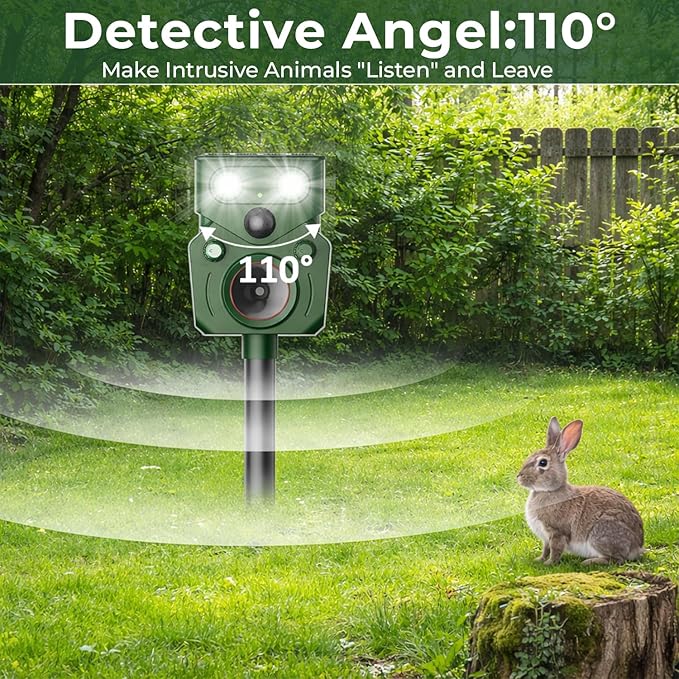(2 Pack) Solar Ultrasonic Animal Repellent Outdoor, Motion Activated, IP65 Waterproof, Discourage Unwanted Animals in Yard, Deer, Coyote, Cats, Squirrel, Raccoon & Skunk with LED Flashing Lights