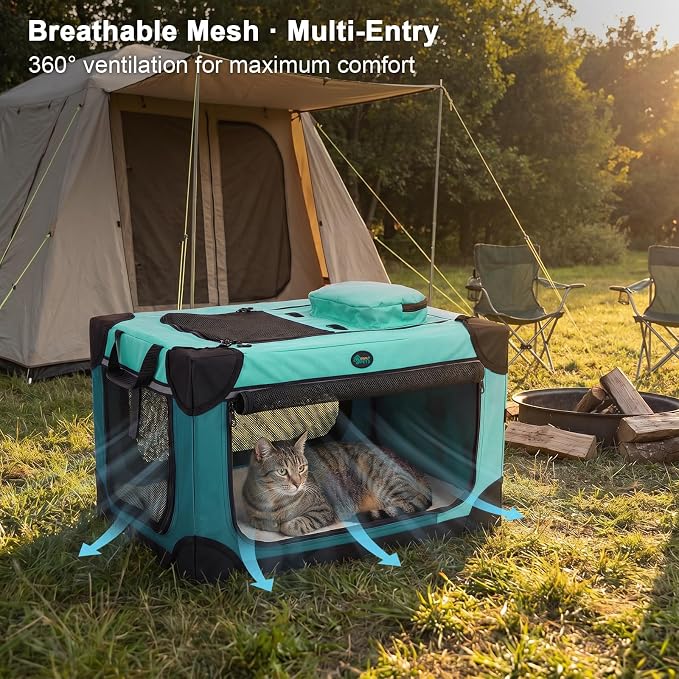 Ownpets Extra Large Cat Carrier for 2 Cats Small Dogs, 24 Inches Collapsible Soft Dog Crate for Car Travel, Portable Pet Carrier with Soft Mat | Foldable, Portable, 4-Doors, 4-Side Mesh Windows, Steel Frame Oxford Cloth, Soft Cushion Mat, Leash, Easy S...