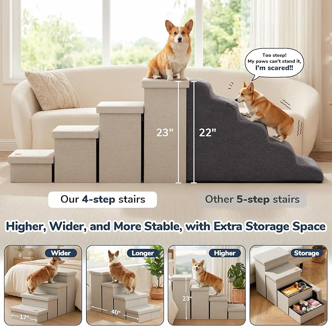 4-Step Wide Dog Stairs with Storage 23" H, Non-Slip Sturdy Pet Steps for High Bed Couch Window, Pet Stairs for Small/Medium/Large Old Dogs Cats Up to 220lbs, Cat Dog Steps for Car/SUV, Beige