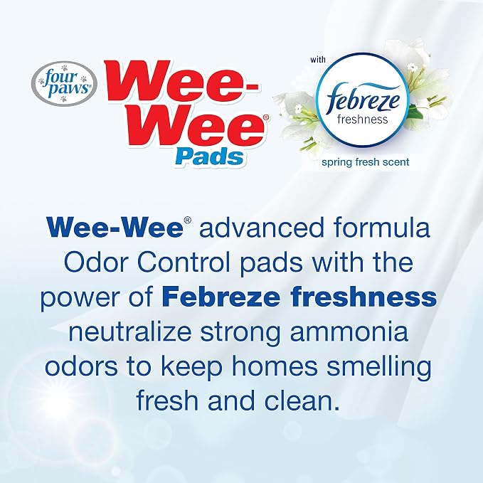 Four Paws Wee-Wee Odor Control Dog Pee Pads with Febreze Freshness | 10 count, spring fresh scent, neutralizes ammonia odors, pee pads for dogs & puppies, dog housebreaking, 22" x 23"