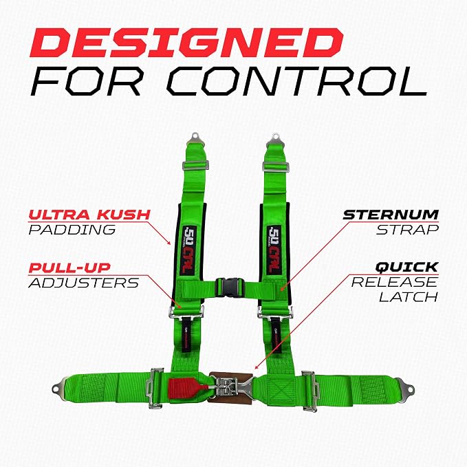 1pc 50 Cal Green 4 Point Harness 2 inch straps, Racing Harness Seat Belt | Ultra Kush padding, Push Button quick release hardware. Universal Fit for UTV, RZR, race car