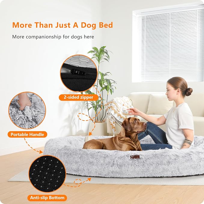 Human Dog Bed for Adult, Orthopedic Gel Memory Foam, 71"x47"x9" | Human Dog Bed Fits Adult & Pets, Reversible Egg-Crate Foam Cushion, Washable Pet Bed with Blanket, Ombre Grey