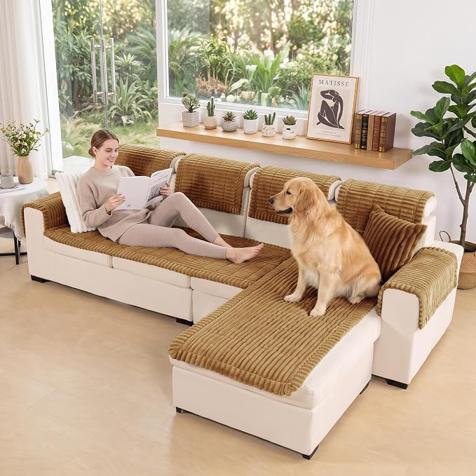 FUANGUI 2 Pack Waterproof Couch Cover for Dogs Pets Sofa Protector | Non-Slip Washable Fuzzy Soft Sofa Slipcover for 2 PCS L Shaped Sofa Pet Friendly, 27.6" x 59.1"+27.6" x 70.9", Camel