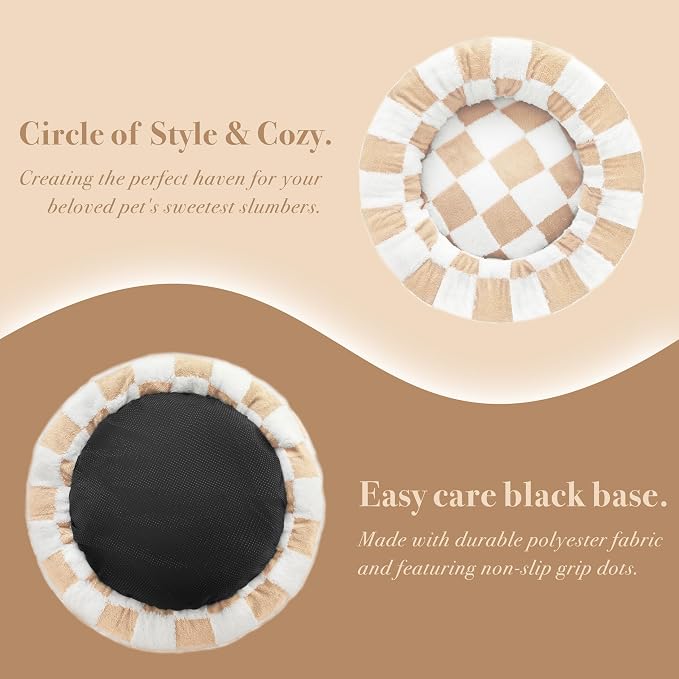 Ohocut Checkered Cat Dog Bed, Cute Beige Khaki Retro Style Aesthetic Round Warming Pet Calming Beds for Small Dog and Cats, Plush Cozy Donut Beds Washable, 23" L x 23" W x 8" Th