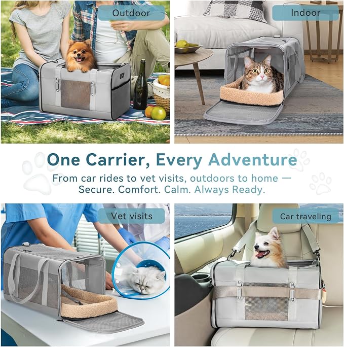 Petsfit Travel Pet Carrier for Large Cats (up to 20 lbs), Soft-Sided Dog Car Travel Carrier with Patented Buckle and Soft Padding, Ideal for Car Road Trips,19X12X12 Inch,Grey