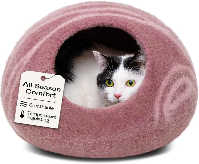 Cat Cave – Premium Felt Cat Bed Enclosure for Indoor Cats, Handmade Merino Wool (Rose Gold, Large)