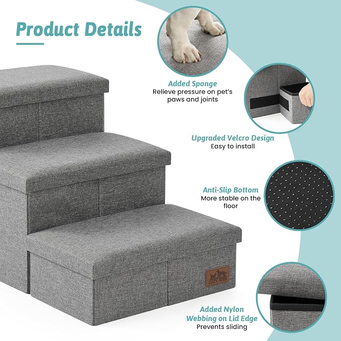 Dog Stairs with Storage, 3-Step Wider Sturdy Dog Steps for Small/Medium/Large Dogs and Older Cats, Doggie Ramp with Condo for Bed/Couch/Car Hold Up to 180 lbs (17.7" H, Grey)