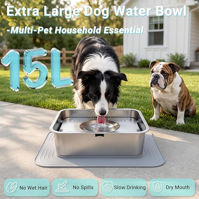 15L/3.96Gal No Spill Dog Water Bowl, Non-Slip Mat for Large Dogs | Spill Proof Water Bowl with 304 Stainless Steel Floating Disk, Slow Drinking Pet Bowl for Messy Drinkers, Indoor/Outdoor