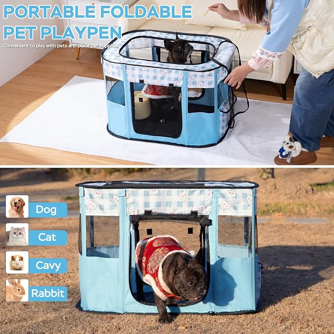 XRG Foldable Pet Playpen,Indoor Cat cage Puppy Crates L(35.4"x27.6"x23.6") | Portable Cat Kennel with Upgrade Breathable Mesh，Sturdy Kitten Playpen Indoor & Outdoor for Rabbit or Small Animals，Blue