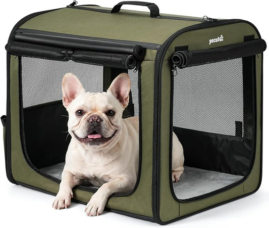 Dog Car Carrier Light Weight 24×17.7×20.5in, Foldable Dog Carrier, Green | Easy to Assemble, Portable and Breathable Pet Carrier, Suitable for Indoor and Outdoor Use, Dog Travel Crate with Curtain