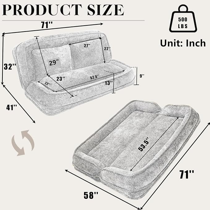 Foldable Lazy Sofa Bed, Double Human Dog Bed for Adults, Light Gray | Skin-friendly Breathable Soft Chenille Upholstered, 5 Adjustable Backrest Positions, 3 Soft Cushions for Living Room