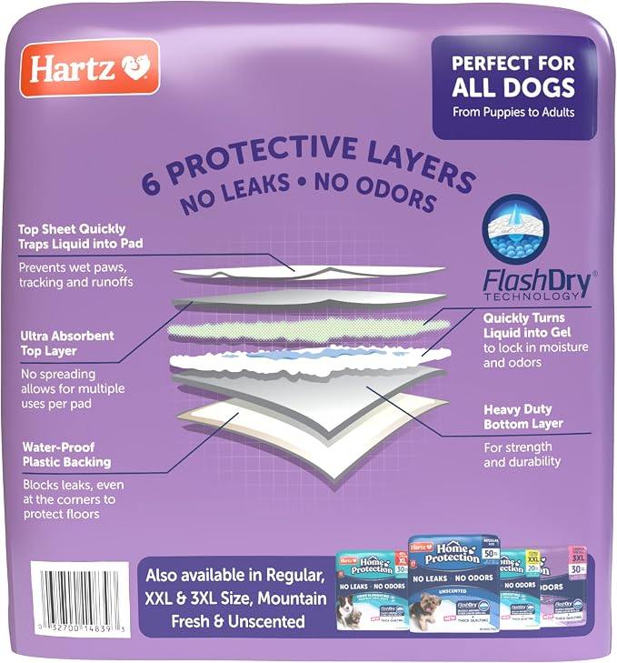 Hartz Home Protection Super Absorbent Odor Eliminating Lavender Scented No Leak Dog Pads, XL 30 Count (Pack of 2)