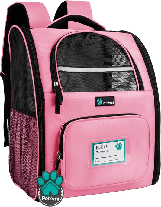 PetAmi Dog Backpack Carrier for Small Medium Dogs Large Cats up to 18 lbs, 2 Side Entry, Structured No-Collapse Frame, Airline Approved Ventilated Pet Backpack for Hiking Camping Travel Vet, Pink