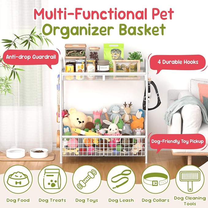Kaiferty Indestructible Large Dog Toy basket, Toy Box for Dogs,Pet Toys Bin Dog Metal Wire Basket for Toys, Food Storage, Storage Organizer Chest Storage, Toy Box for Living Room Area (White)