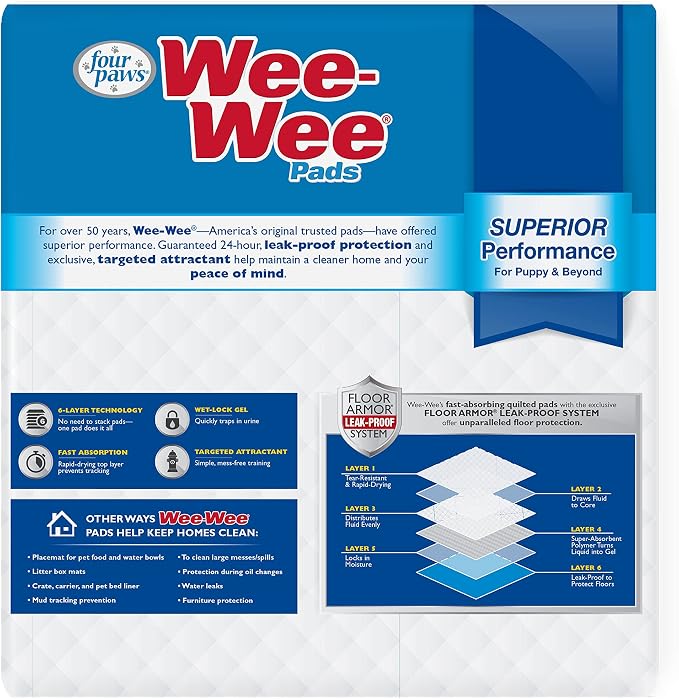 Four Paws Wee-Wee Superior Performance Unscented Puppy Pee Pads for Dogs & Puppies, Quilted Leak-Proof Dog Housebreaking Potty Training Floor Protection, Pet Supplies, 22" x 23", 30 Count | Quilted leak-proof puppy pads, dog housebreaking & potty train...
