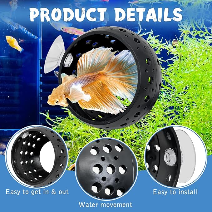Fhiny 2 PCS Betta Tunnel, Beta Fish Tank Decor, Suction Cup Shrimp Hide, Betta Resting Spot, Aquarium Hammock Hideout Cave for Guppy Resting(Black)
