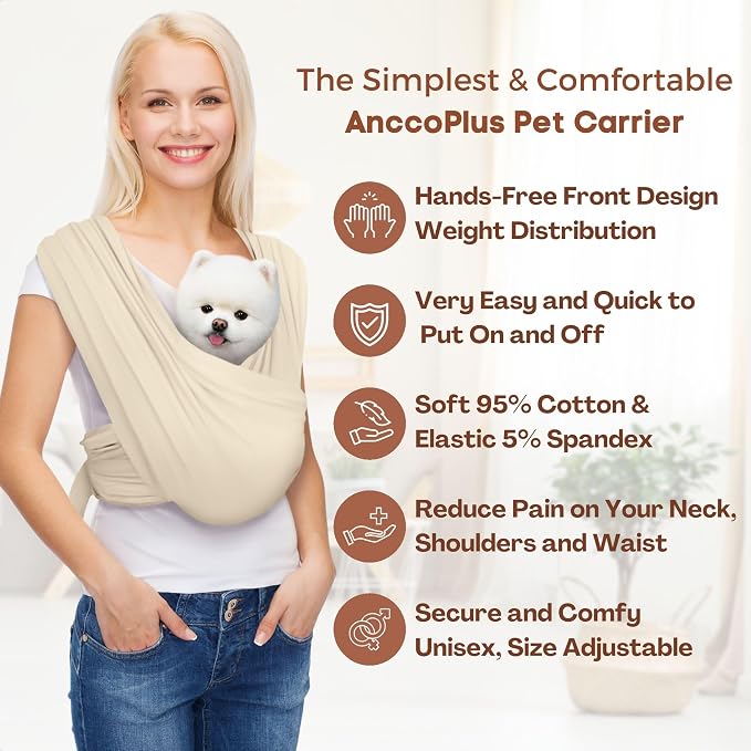 Small Dog Sling Carrier, Hands-Free, Beige, Plus | Patented Front Carrier Reduces Back and Neck Strain; Adjustable, Soft Cotton, 3D Air Mesh for Puppies & Cats up to 20 lb