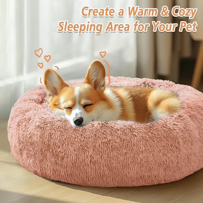 JOLLYVOGUE Calming Dog Beds Large Sized Dog, 36in Donut Washable Large Pet Bed, Anti-Slip & Anti-Anxiety Fluffy Faux Fur Round Dogs Bed, Fits up to 80 lbs Pets (Peach Pink)