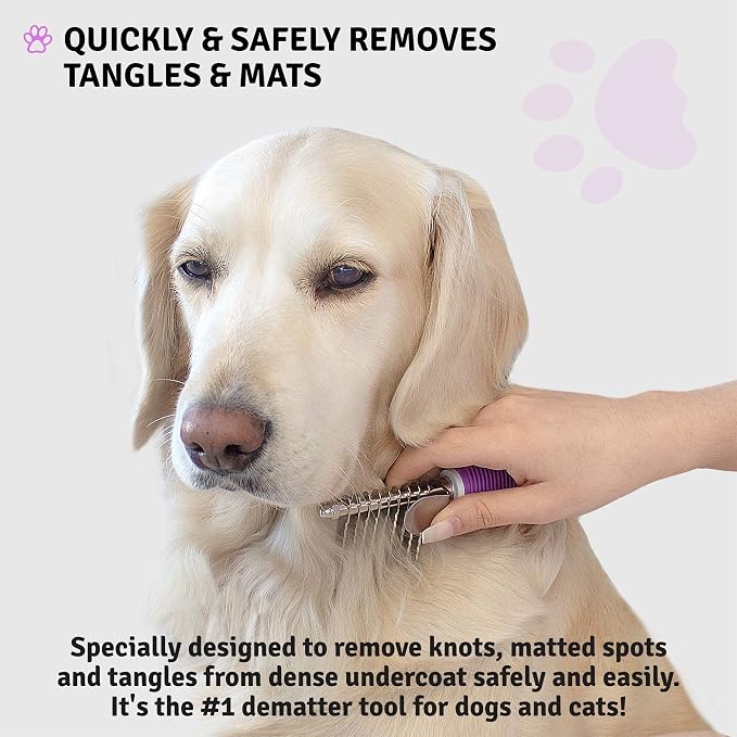 Poodle Pet Bundle - Detangling Pet Comb for Removing Matted Fur, Knots, and Tangles + Dematting Fur Rake Comb Brush for Dogs and Cats + Slicker Brush for Grooming and Deshedding Pet Undercoat Hair
