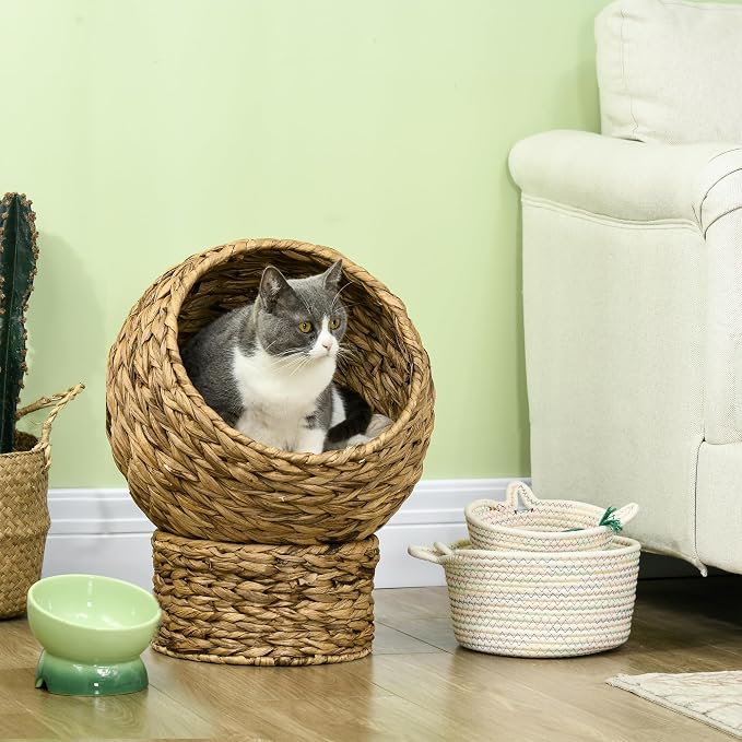 PAWHUT Egg Chair Rattan Elevated CAT Bed with Removable Cover, 17-in, Brown | Soft Cushion & Egg Chair Shape, Basket Bed Kitty House with Stand, Raised Wicker House